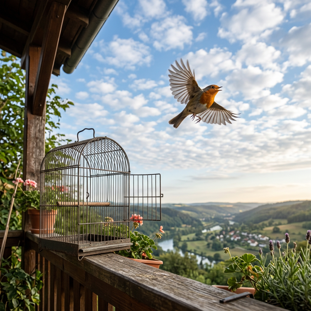 Small bird flying away from open cage on balcony with valley in background