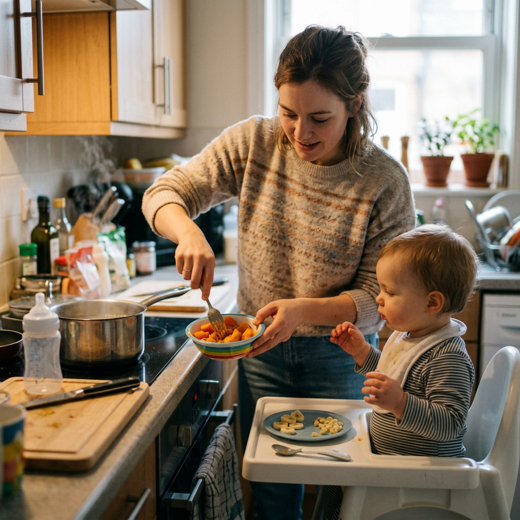 Woman feeding toddler sitting in high chair in kitchen